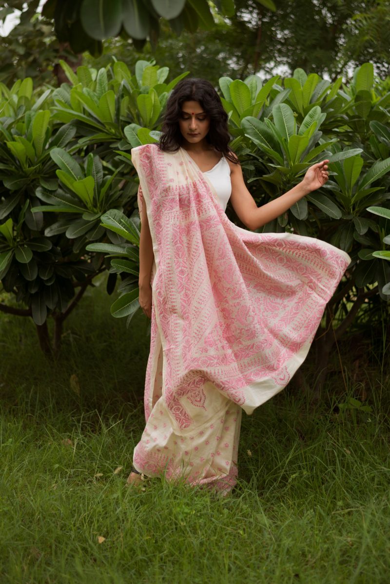 Kantha Sari - Stunning delicate pink paisley motifs on entire saree