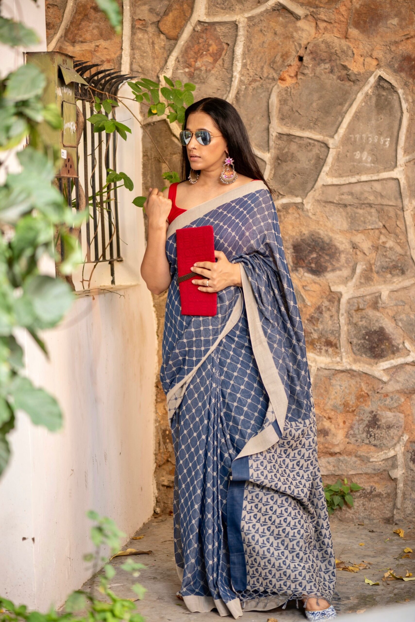 Khadi Cotton Sari - Stunning conbination of steel blue and beige
